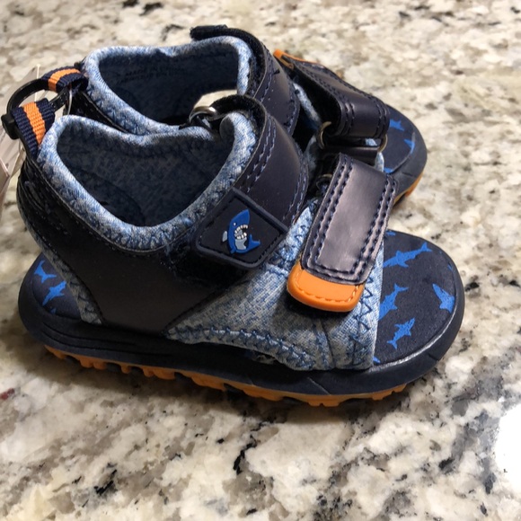 NWT- Baby Size 4 Velcro Sandals - Blue with some orange and small blue sharks. - Picture 2 of 4